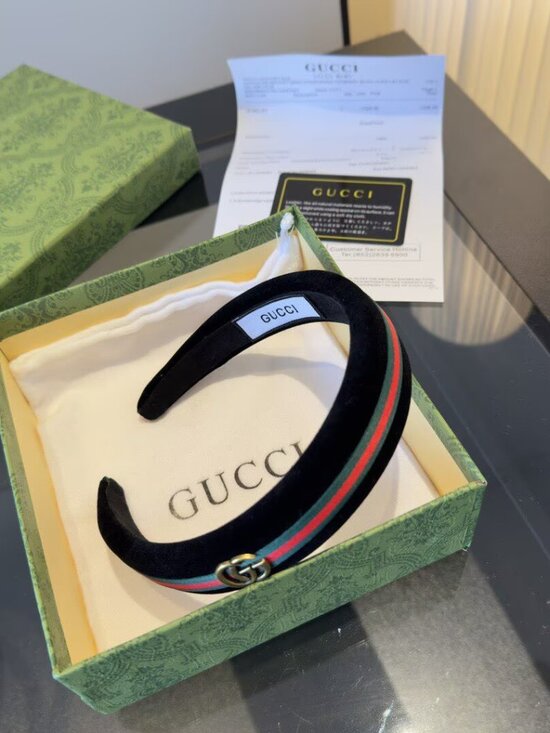 Gucci Black Velvet Headband with Green and Red Stripe and Gold GG